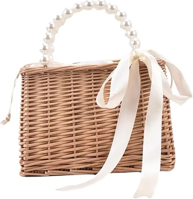 Straw Beach Bag with Pearl Handle - Rattan Woven Wicker Purse