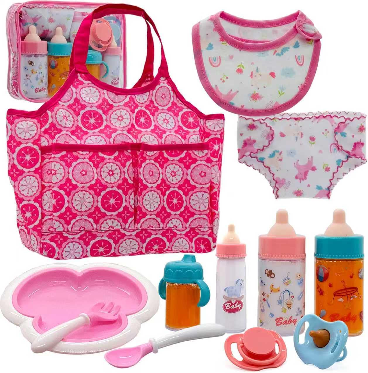 Baby Doll Accessories Magic Bottle Set - 11 Pieces Doll Feeding Pretend Playset with Disappearing Milk & Juice Bottles, Pacifiers Bowl Diaper and Bib Doll Bottle Toys set Gift for Kids Girls Ages 3+
