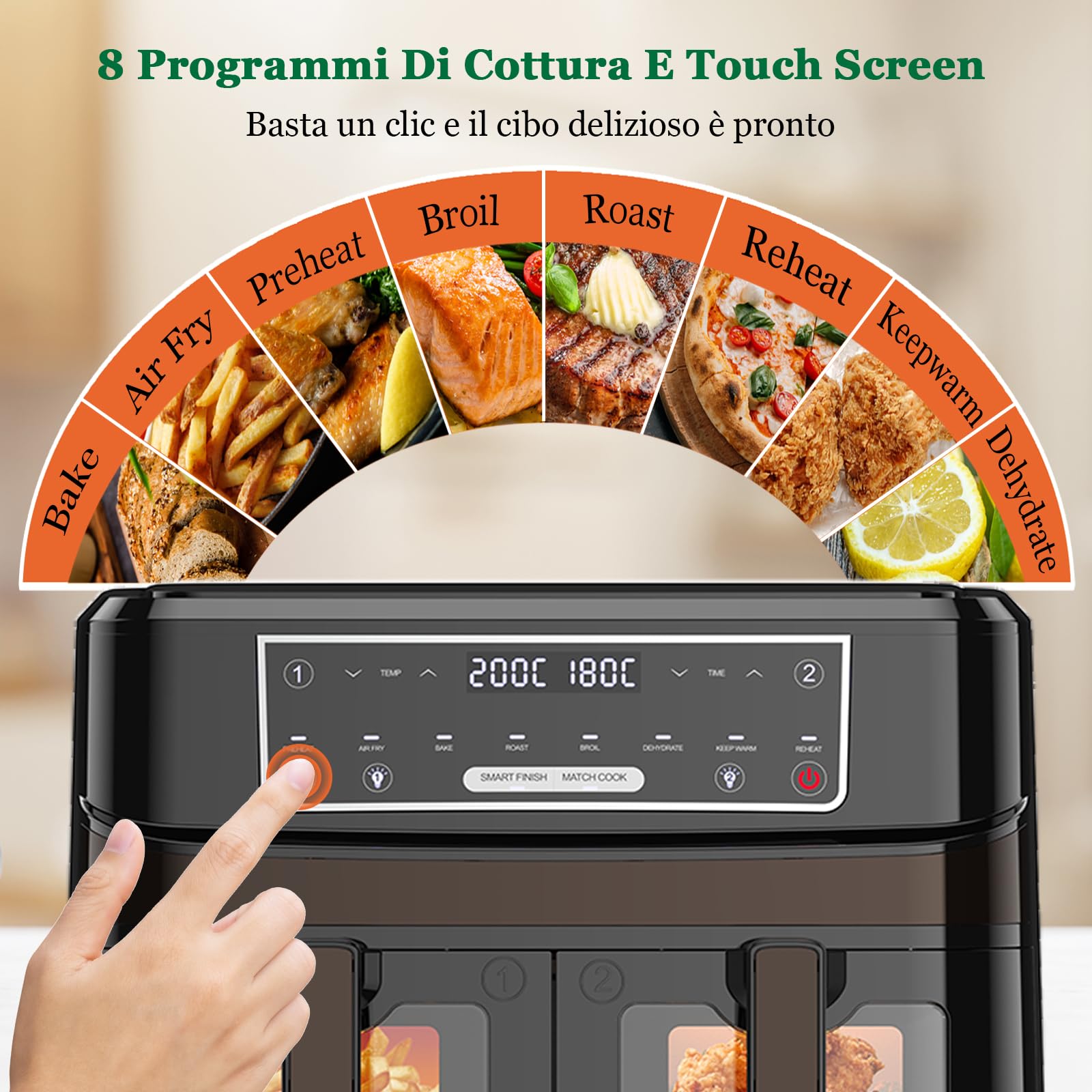 Friggitrice ad Aria Doppio Cestello | 10L Friggitrice Aria con Finestra Osserv Indipendente Temperatura, 8-in-1 Air Fryer Controllo Touch 50-200℃, Air Fryer Grande 2600W Luce Integrata Timer