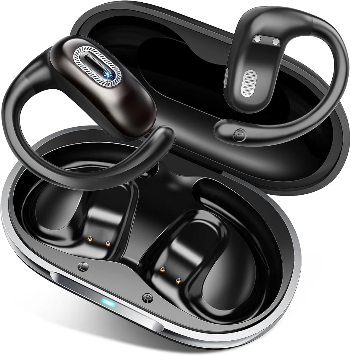 Open Ear Headphones, Bluetooth 5.4 Earbuds, 50H, Air Conduction Ear Buds, HD Stereo Bass Over Ear Earphones with Earhooks, Ultra-Comfort Secure Fit, IPX7 Waterproof Headset for Working Sports | Air conduction, HD stereo bass, over-ear earhooks for secure snug fit, built-in mic, compatible with all phones.