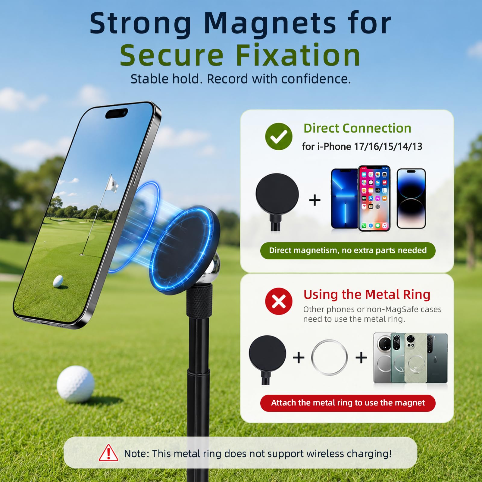 Trípode para teléfono de golf, palo magnético para selfie de 18-54 pulgadas con pincho | Soporte para teléfono móvil de golf, monopié de golf con pincho, soporte ajustable para teléfono de golf