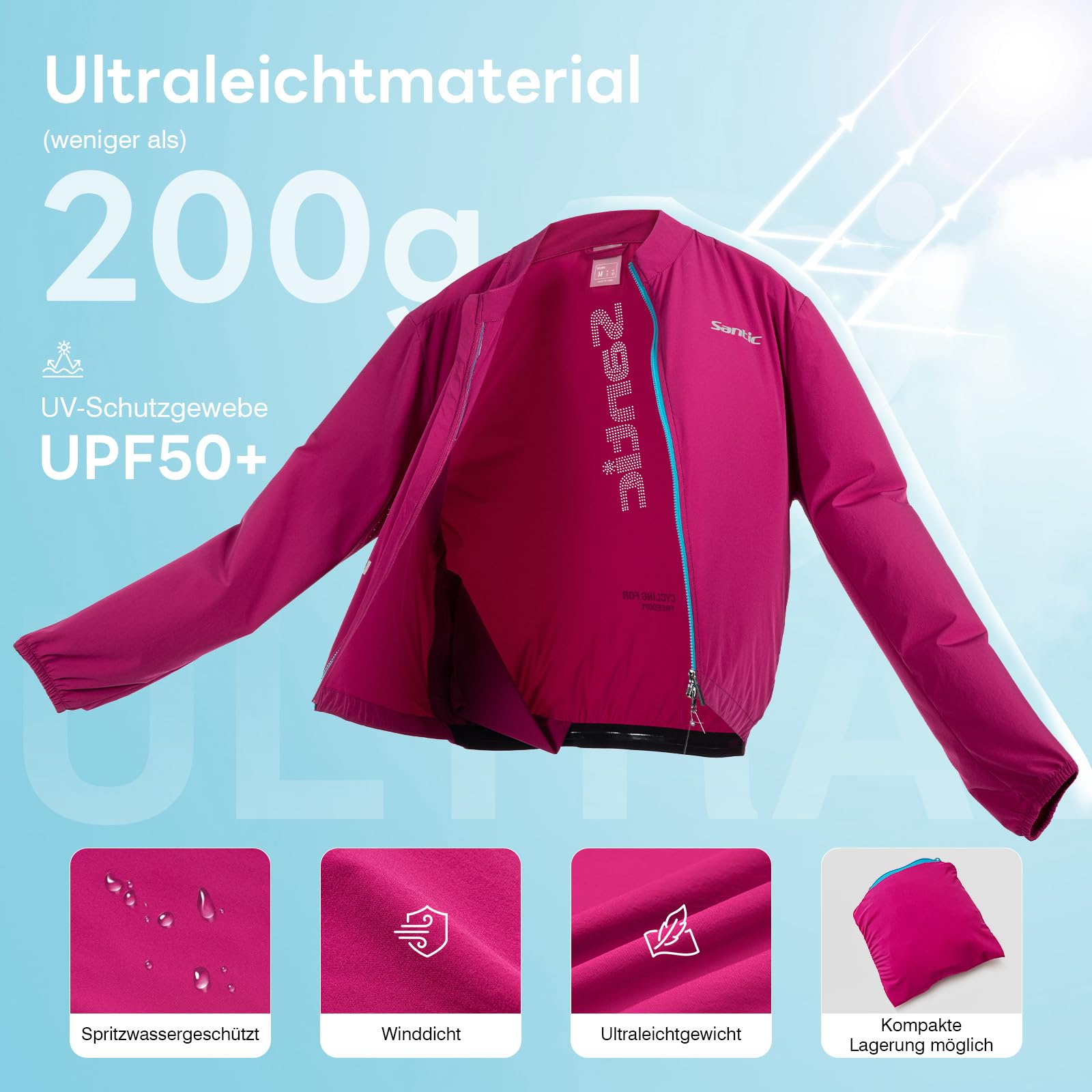 Santic Fahrradjacke Damen Radfahren Sportjacke Atmungsaktiv Leicht UV-Schutz Fahrrad Radsportjacke Reflektierend Laufjacke