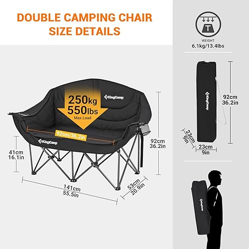 Miniatura 2 de KingCamp Silla de campamento doble, de gran tamaño, resistente de 550 libras, sofá biplaza para adultos, portátil, plegable, XL, sofá para 2