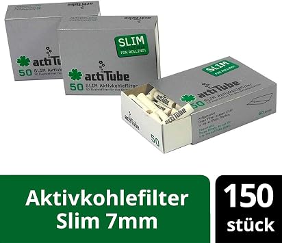 150 actiTube Slim Activated Charcoal Filters (3 boxes of 50) Display 7mm roll-up filters in actiTube tune activated charcoal filter tips.