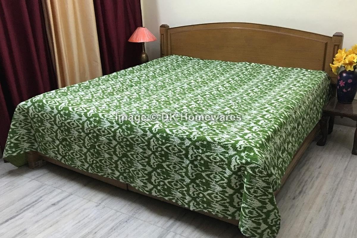 Indian Traditional Olive Green Queen Size Kanta Quilt Cristmas Gift Cotton Kantha Work Ikat Printed Hand Crafted (108 x 90) -Set of 1 Blanket Bedspread