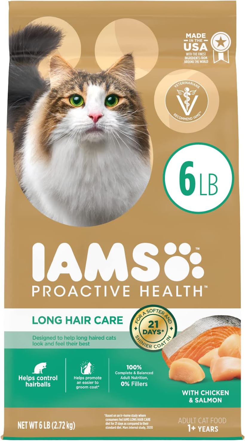 IAMS Proactive Health Long Hair Care Adult Dry Cat Food with Real Chicken, 6 lb. Bag : Pet Supplies