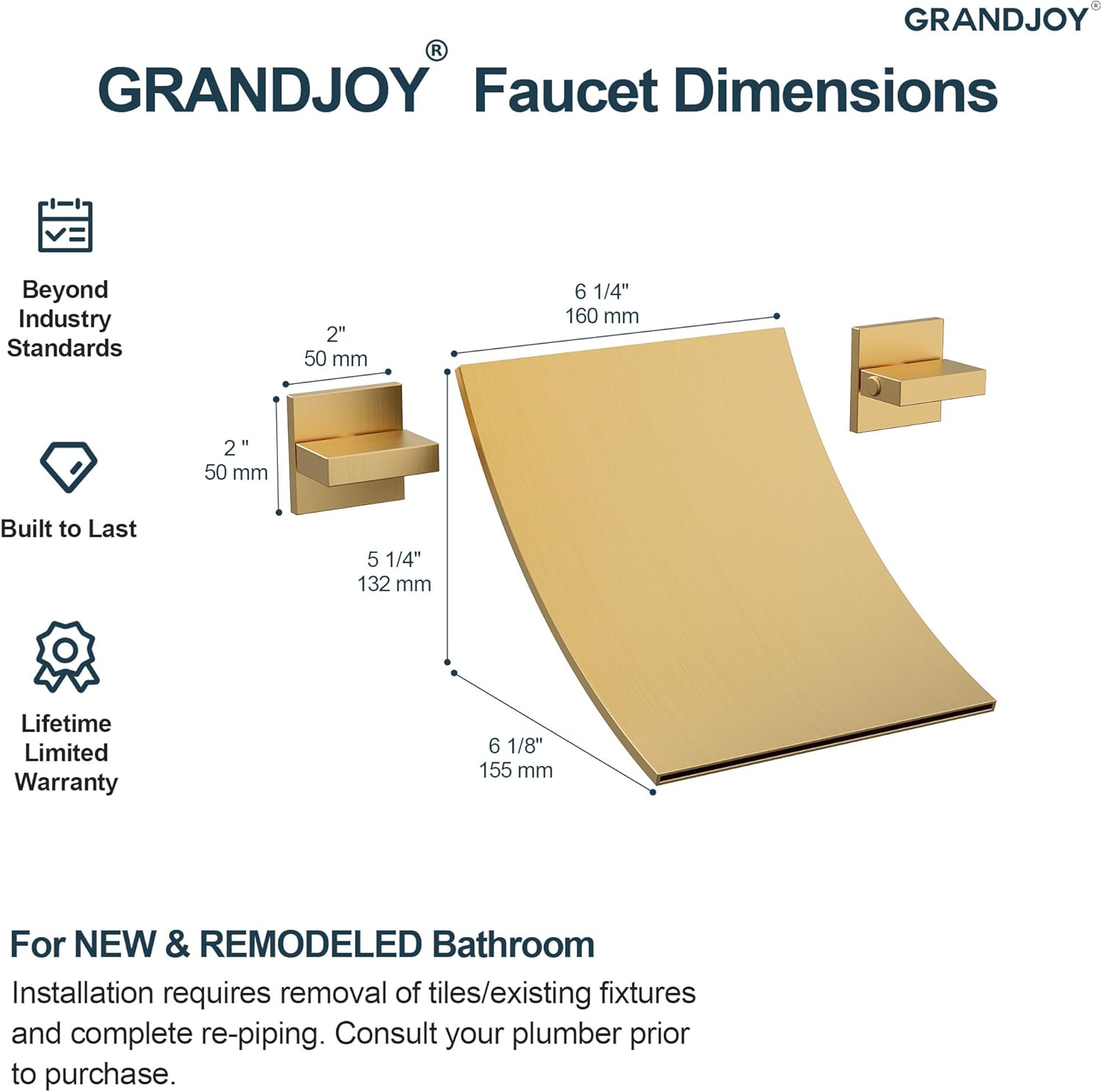 Brushed Gold Waterfall Wall Mount Bathtub Faucet, 3 Hole Dual Handles Tub Filler, High Flow Solid Brass, NPT 1/2" Standard Connections for Easy Installation