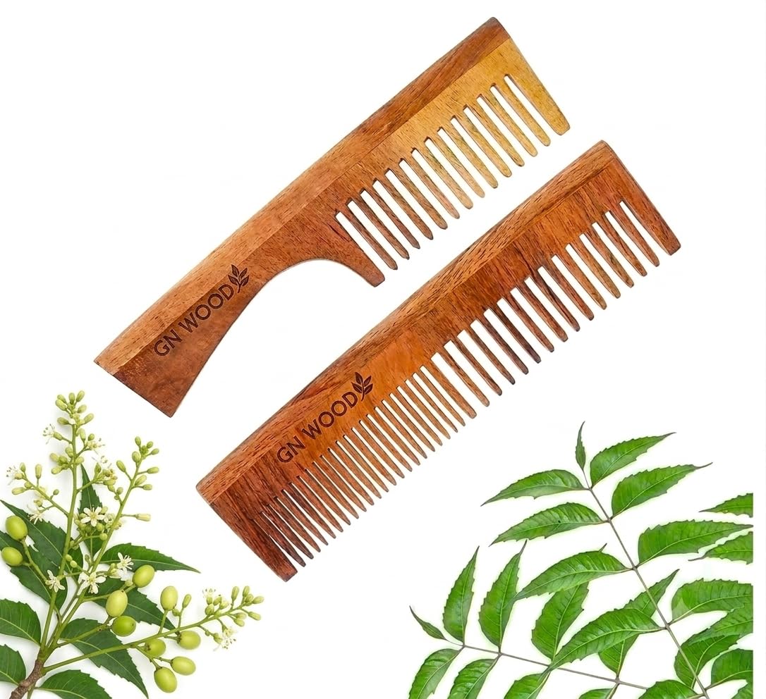GN WOOD Neem Wood Comb Set of 2, Wide Tooth | Handle Comb Included, Anti-Static, Natural Neem Wood, Detangling Combs, For All Hair Types-image-23
