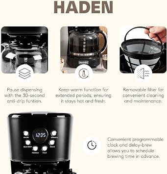 Haden 12 Cup Programmable Drip Coffee Maker Coffee Machine Bundled with Heritage 2 Slice Wide Slot Stainless Steel Toaster, Turquoise & Chrome