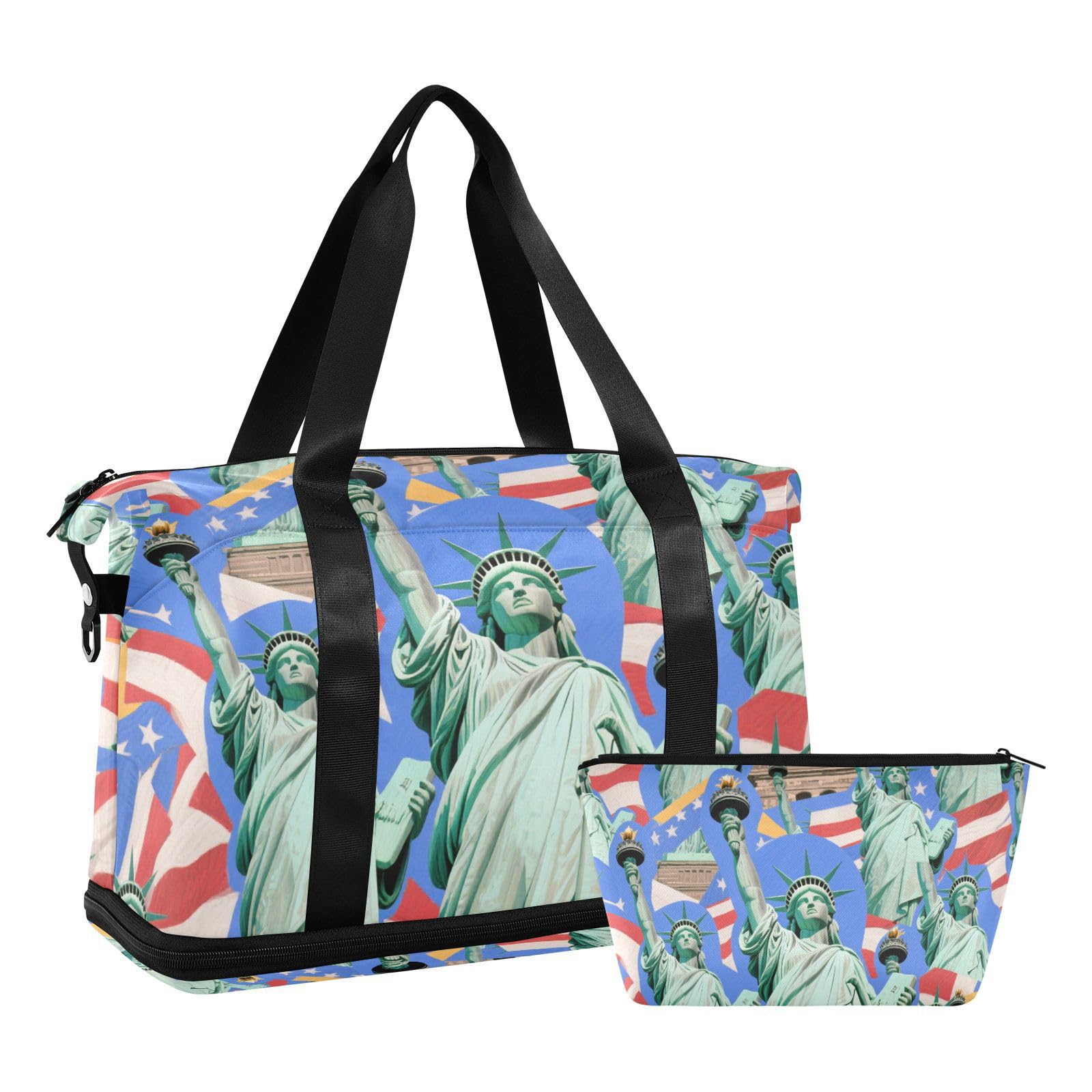 Borsa da viaggio blu alla moda con statua della libertà, con tasca bagnata, cinturino regolabile, borsone sportivo da palestra, per allenamento, pieghevole, per uomini e donne