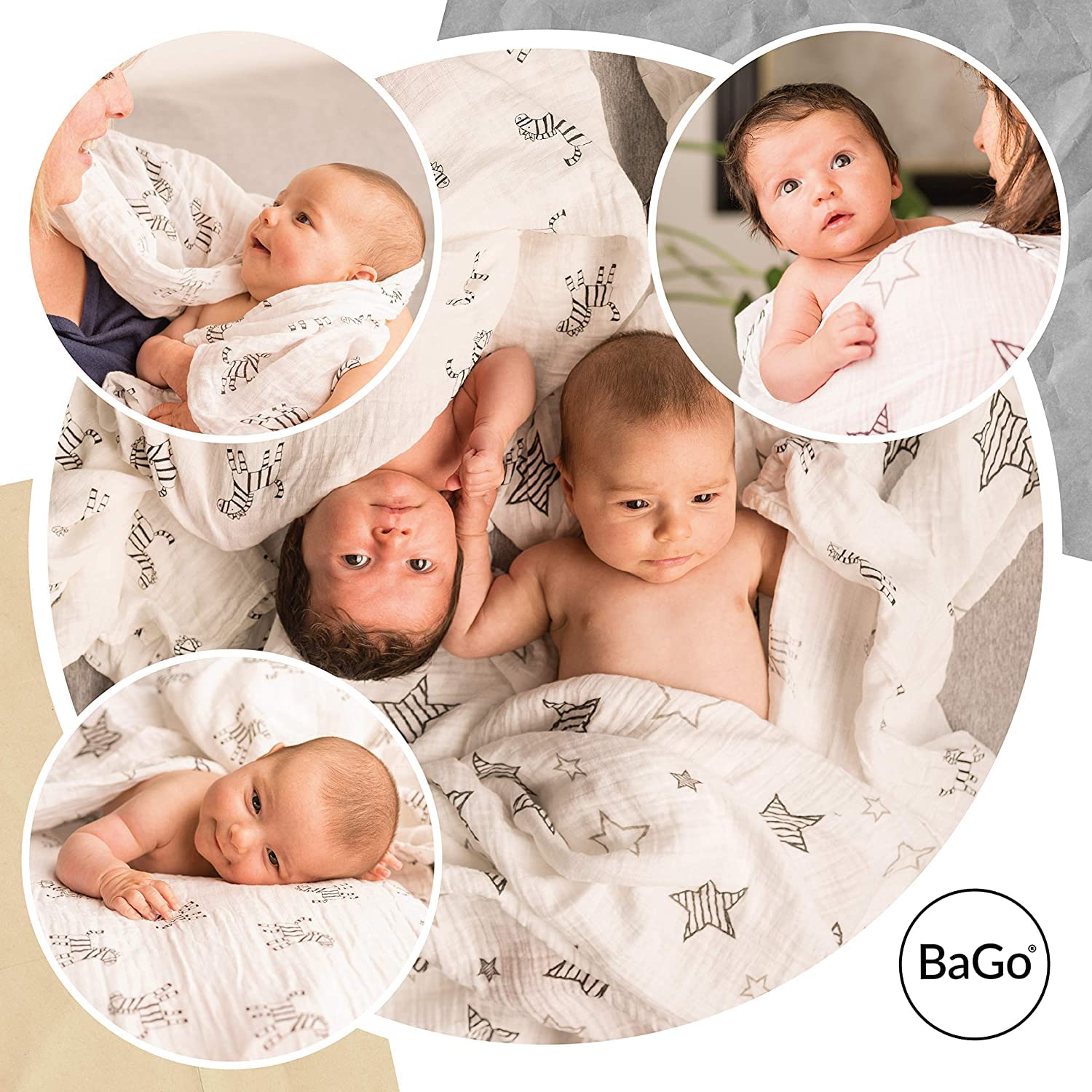 Mussole Neonato Bago® - 100% Cotone Biologico Certificato Gots - 120 X 120 - Mussola Copertina Lenzuola Culla Neonati - 2 Fantasie - Sacchetto Protettivo Da Trasporto - Regalo Bebe Per Bimba E Bimbo