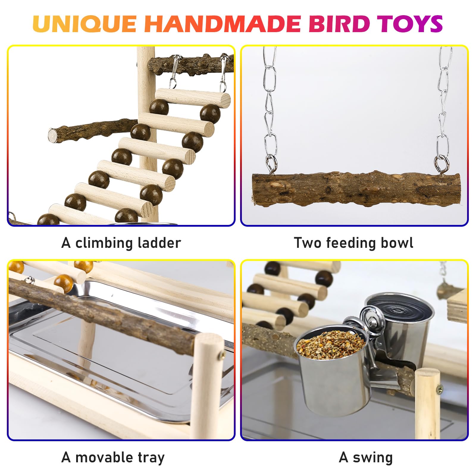 Loro Juegos para loros, Pinguelli, Calopsitte, Guacamayo, Parque de juegos de madera, Trespolo con tazas y bandeja, Fringe