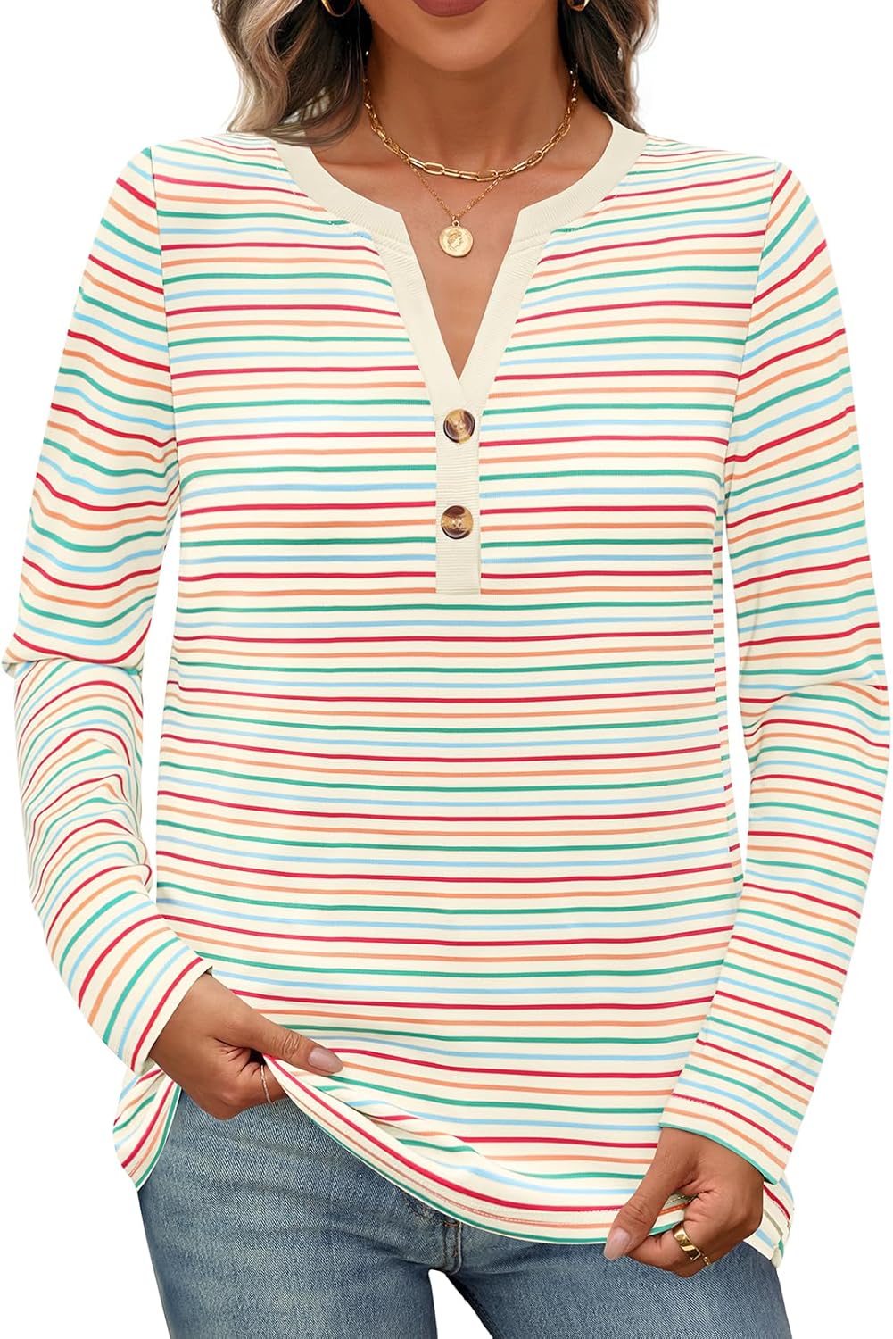 MEROKEETY Women's Fall Long Sleeve Striped Henley Tops V Neck Dressy Casual Loose Shirt 2025 Trendy Blouse