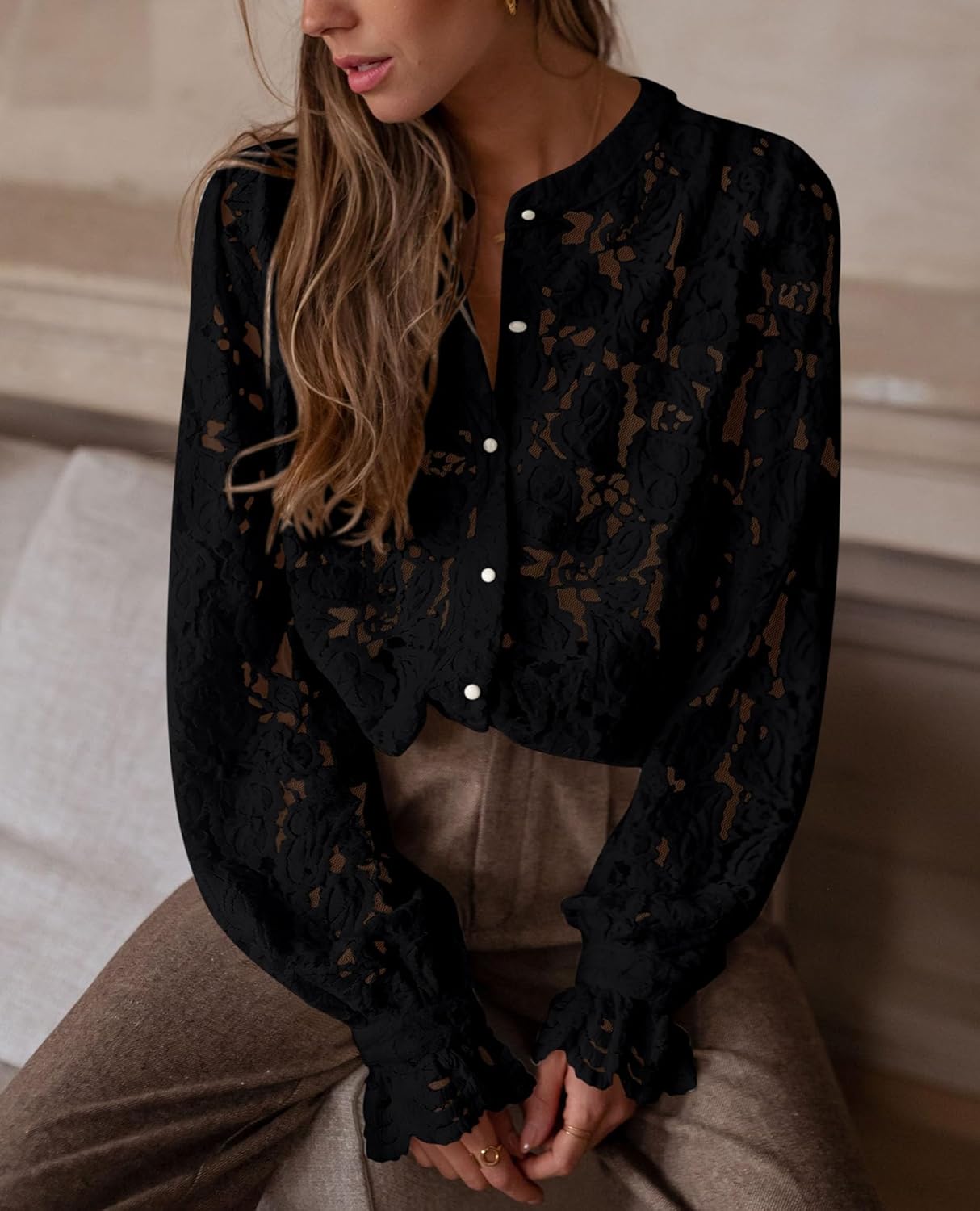 PRETTYGARDEN Women's Dressy Casual Lace Blouse Long Sleeve Button Up Shirts Tops Spring Fall Fashion Clothes - Image 8