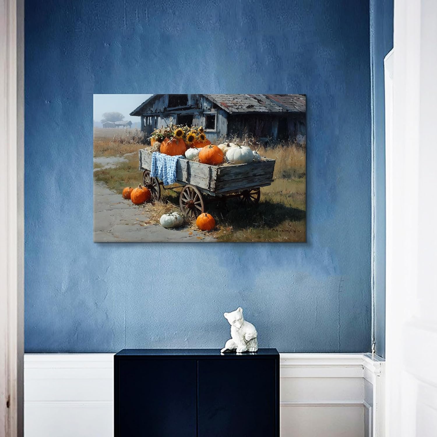 Craftline - Rustic Autumn Farm Harvest Canvas Print Art, Vintage Wooden Wagon with Orange Pumpkins Sunflowers Countryside Landscape Painting Artwork for Farmhouse Home 24x16inch