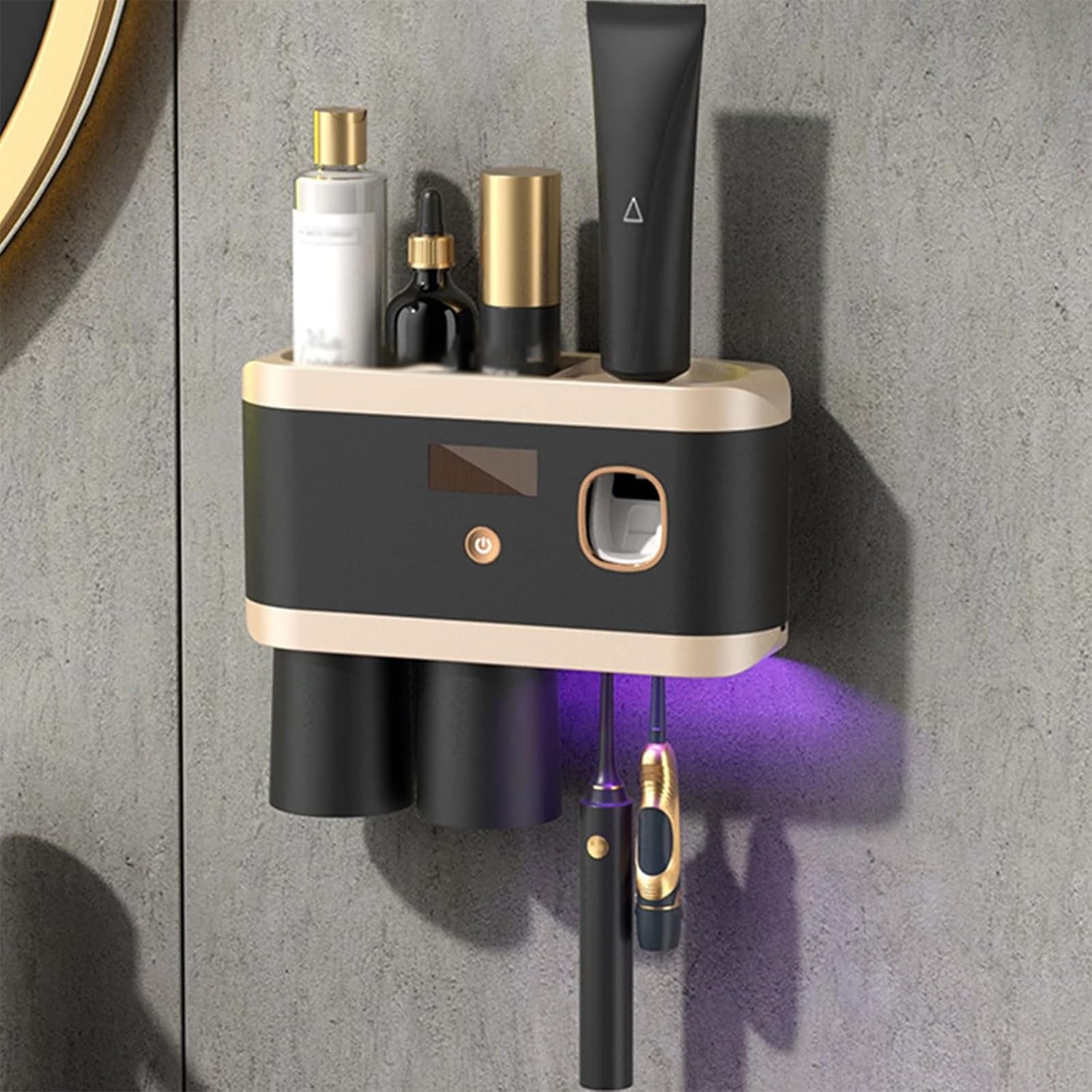 Shairmb Black Electric Toothbrush Holder Wall Mounted, Uv Sterilizer, Rechargeable, Automatic Toothpaste Dispenser, For Toothbrushes For Shower And Bathroom,,2Cups