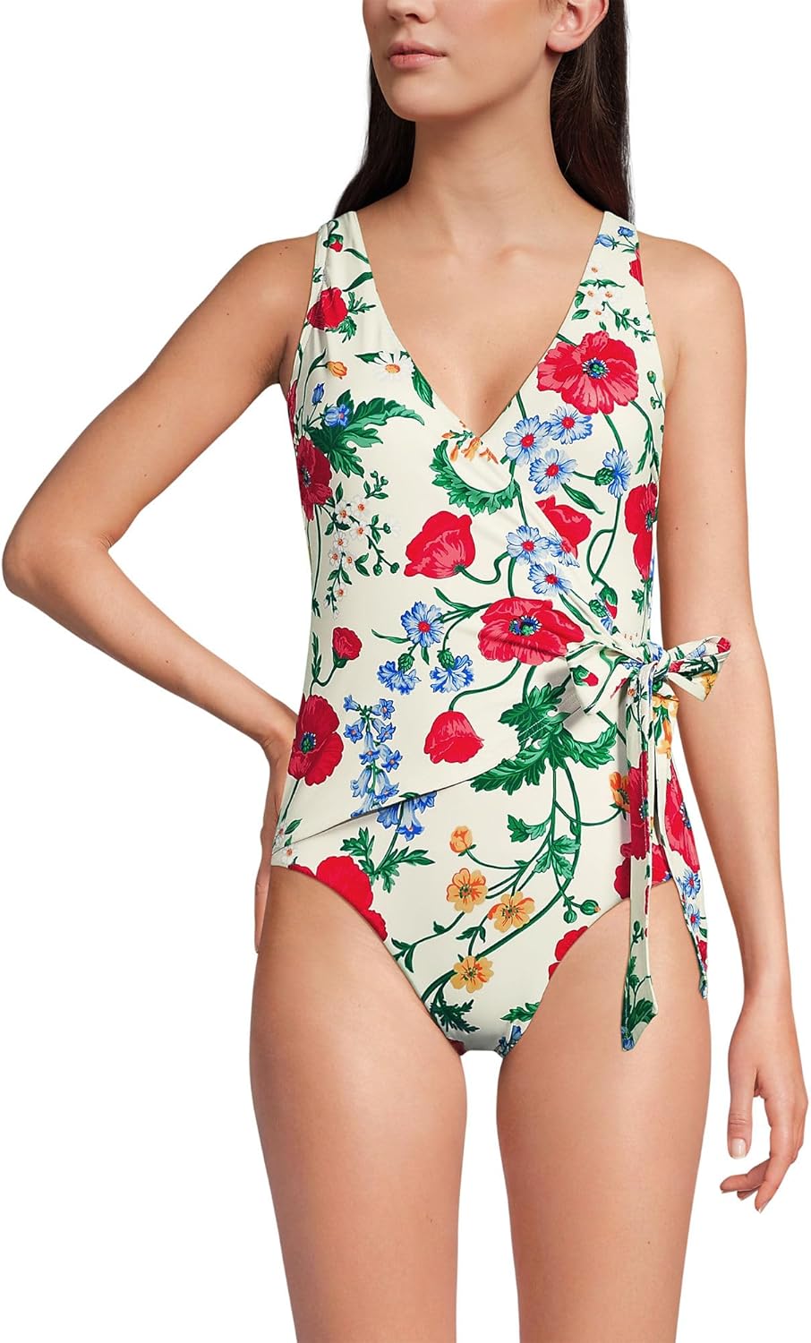 Lands' End Women's Chlorine Resistant Side Tie Wrap High Leg One Piece Swimsuit