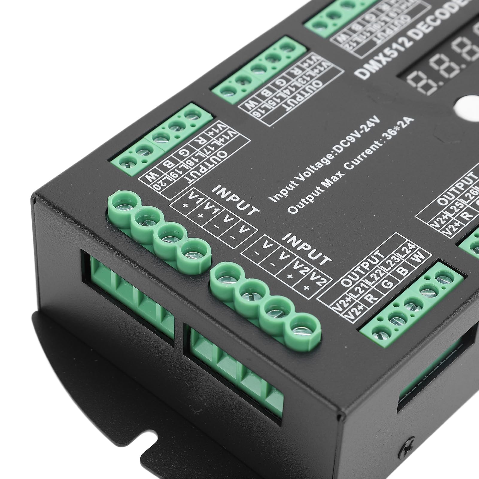 Focket Kontroler DMX, Dekoder RGBW z Wyjściem 36CH 2A, Kontroler Taśm LED z 14 Wbudowanymi Trybami Testowymi Cyfrowy Wyświetlacz Adresowy dla Taśm LED RGBW Moduł Światła Oświetlenie Sceniczne