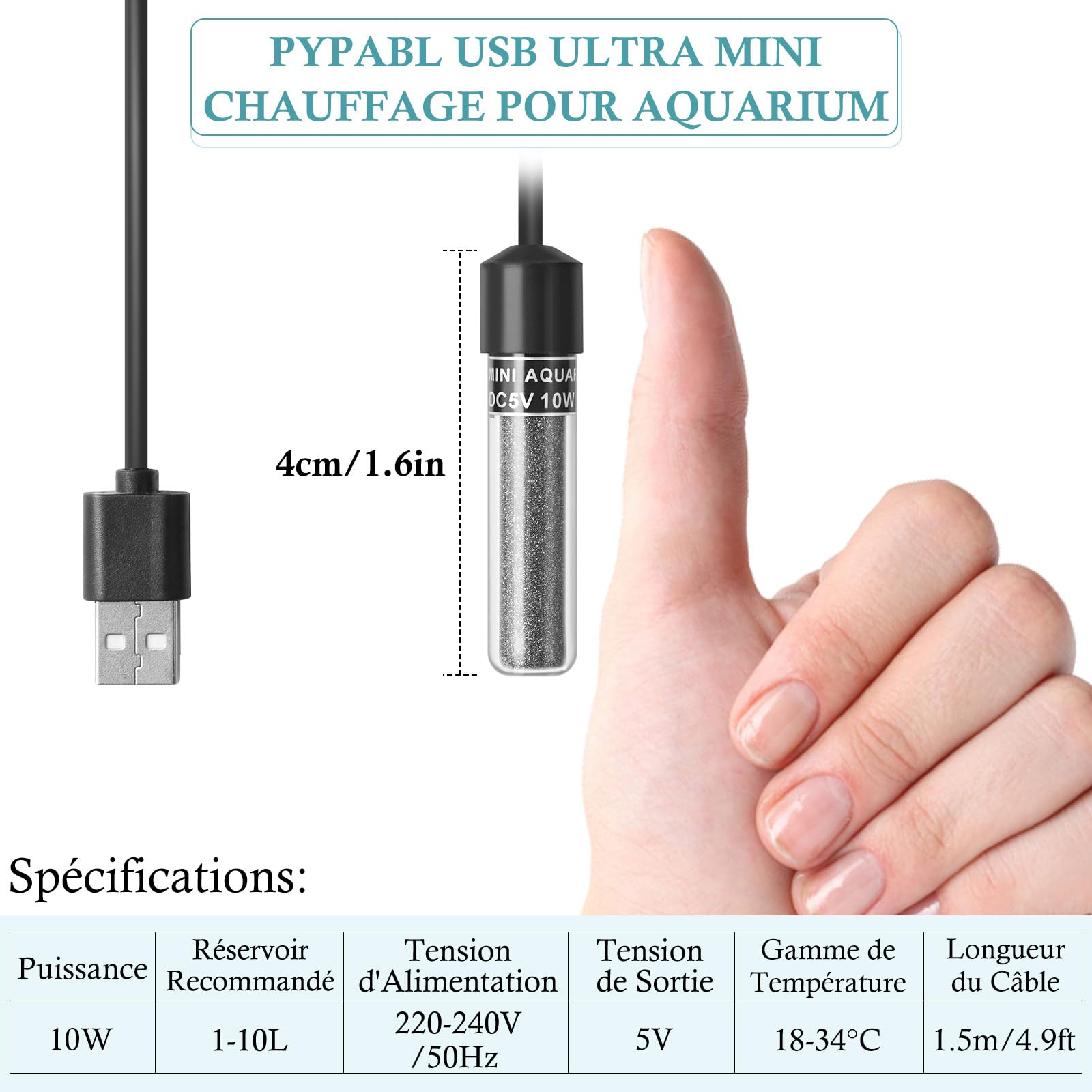 10W Chauffage Aquarium USB Ultra Mini, Chauffage Réglable Compact pour Petits Aquariums 1-10L, avec Régulateur Externe, Chauffage pour Betta et Ronds à Poissons