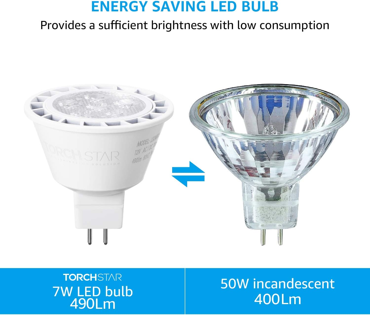TORCHSTAR MR16 LED Bulb Dimmable, Aluminum, 12V 7W, GU5.3 Bi-Pin Base MR16 LED Spotlight, UL Listed, Spot Light Bulbs for Recessed Track Lighting, 3000K Warm White, Pack of 6