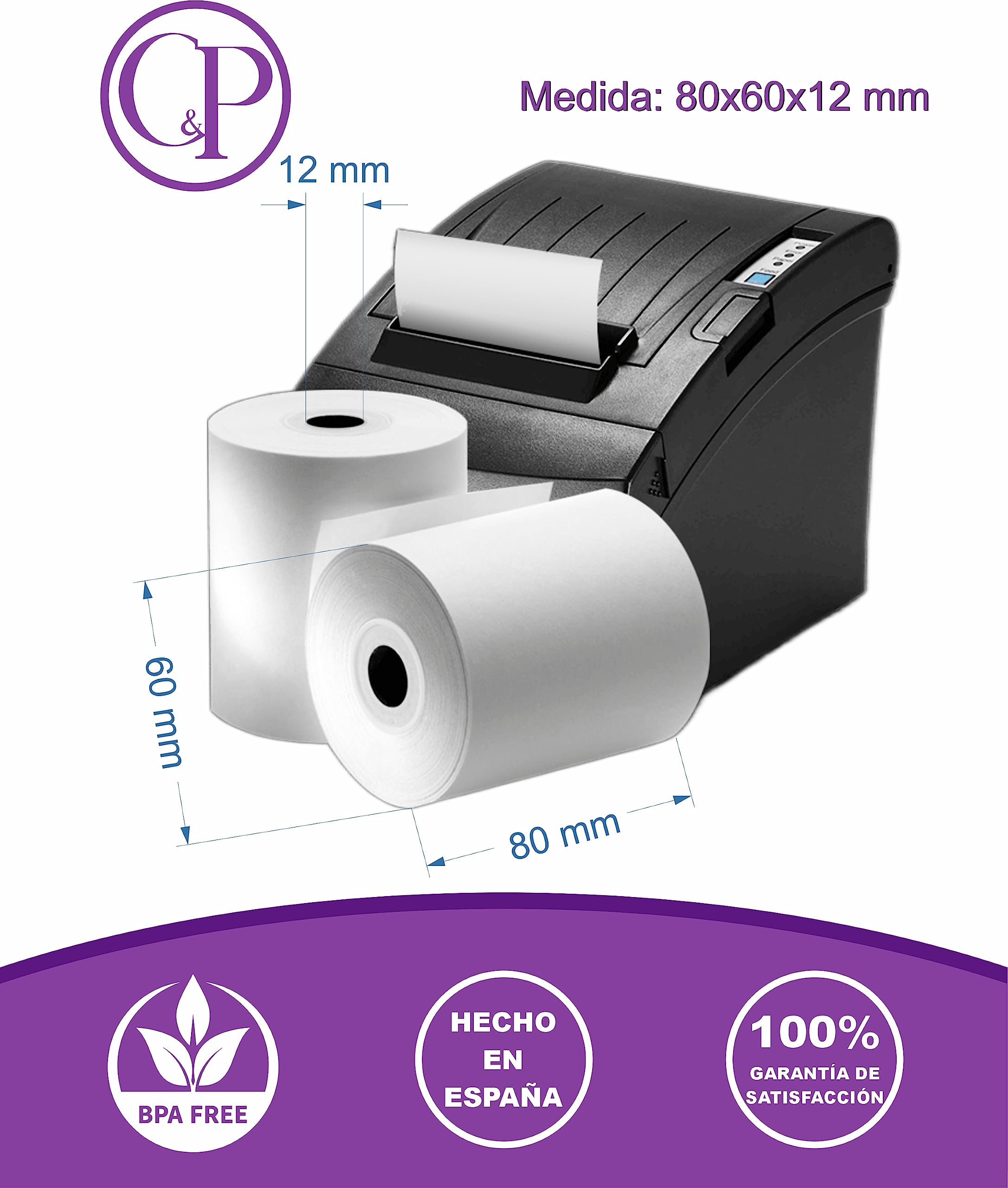 C&P Rollos Papel Térmico 80x60x12 mm para Sumadora Impresora TPV, Sin Bisphenola (80 unidades)