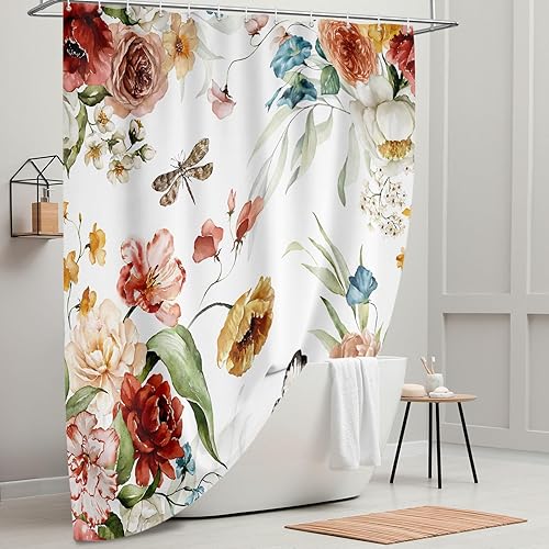 Vista 86 de Tititex Cortina de ducha de lino sintético de 4.94 oz/m², diseño floral azul con hojas doradas con flores, decoración de baño, juego de cortinas