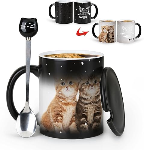 Miniatura 2 de Taza de café con diseño de gato que cambia de color de 11 onzas  The Fish is Delicious  Taza de gato de Halloween con tapa negra y cuchara para