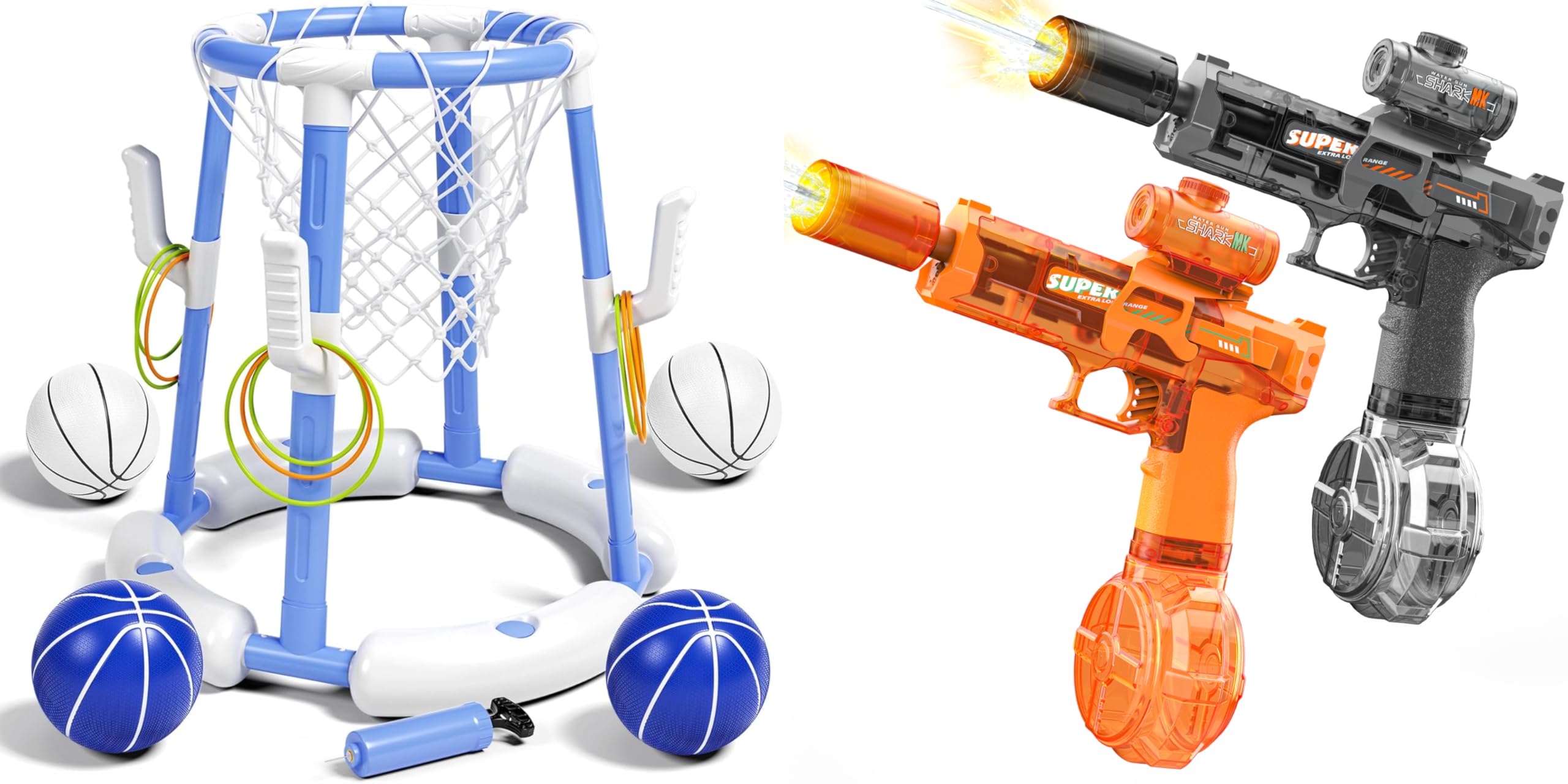 2-in-1 Floating Pool Basketball Ring Toss Game & 2 Pack LED Electric Water Gun Combo, Large Capacity Automatic Water Blaster, Anti-Tip Pool Floating Toy with Balls Rings & Pump, Summer Water Play Gift
