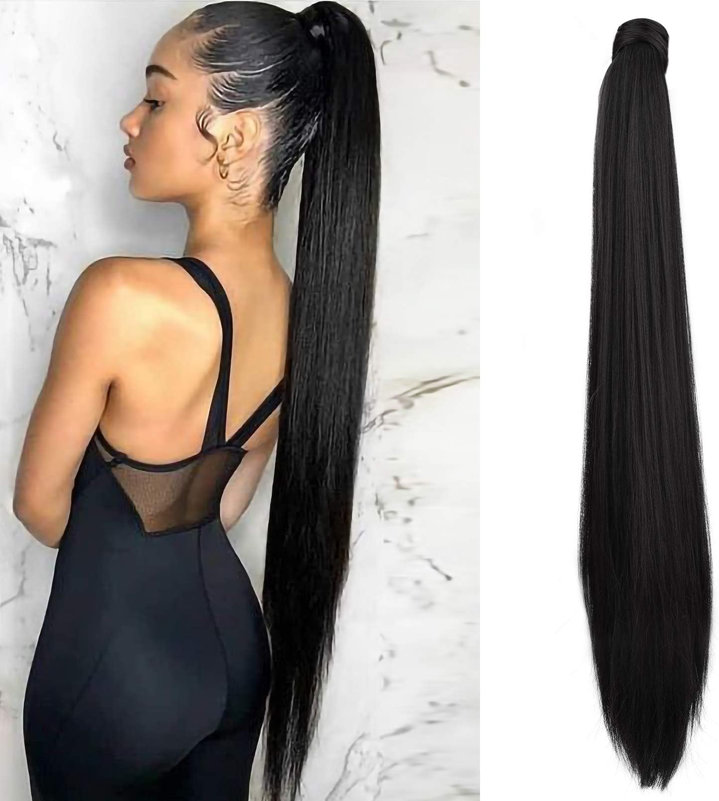 35 Inch Clip in Ponytail Extension Wrap Around Long Straight Pony Tail Hair Synthetic Hairpiece for Women - Black