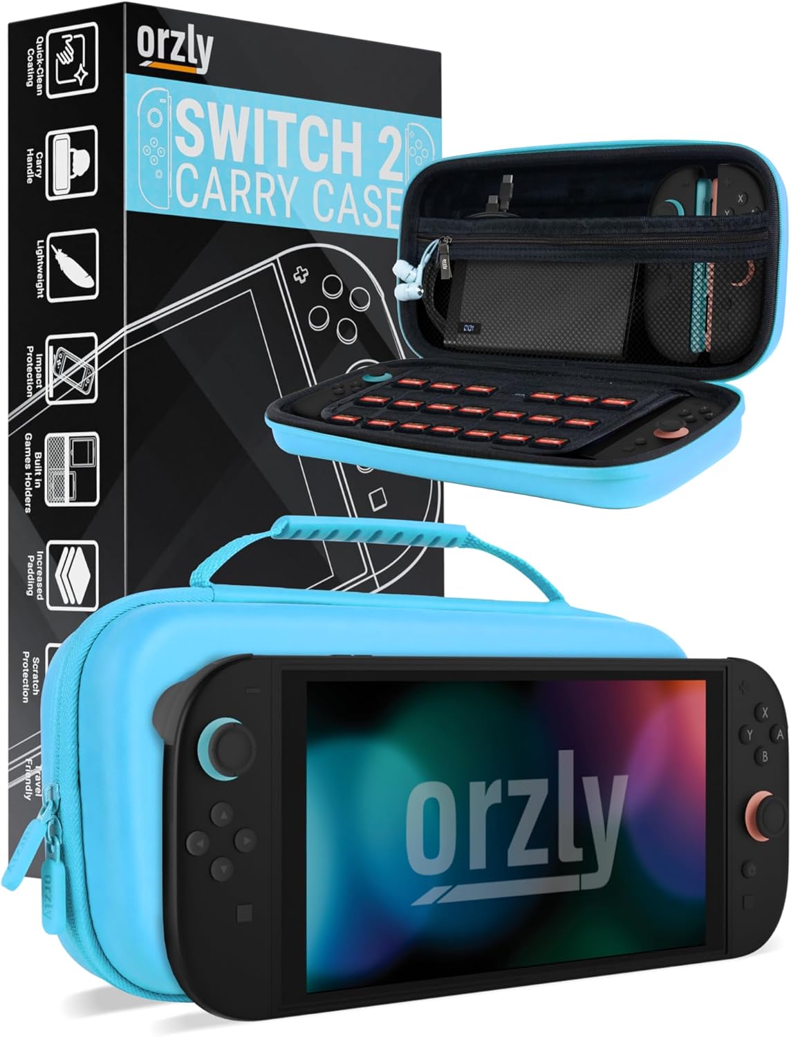 Orzly Carry Case for Nintendo Switch 2 2025 Console 7.9 inch Screen Protection Hard Case with Smart Storage for Accessories and Games Pockets Gift Box Edition (Joy con Blue Switch 2)