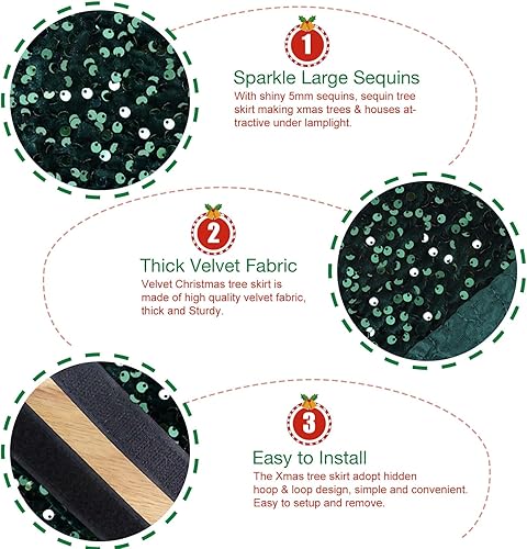 Miniatura 3 de Falda de árbol de Navidad verde esmeralda, faldas de árbol de lentejuelas de 46 pulgadas, falda de árbol de Navidad de terciopelo verde para falda