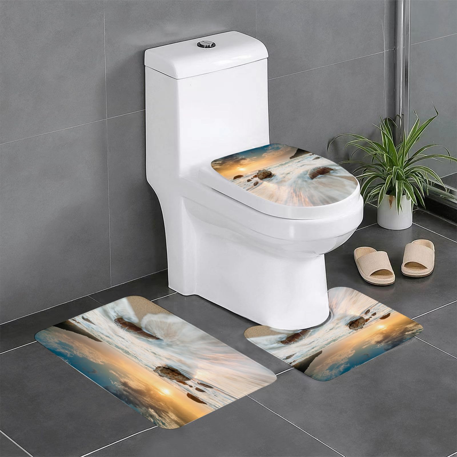 Set di 3 tappetini da Bagno, Lavabili in Lavatrice e Antiscivolo, tappetini in Morbida Fibra Superfine, Decorazioni a Tema Marino, Grandi Onde del Mare sulla Spiaggia e orizzontalm