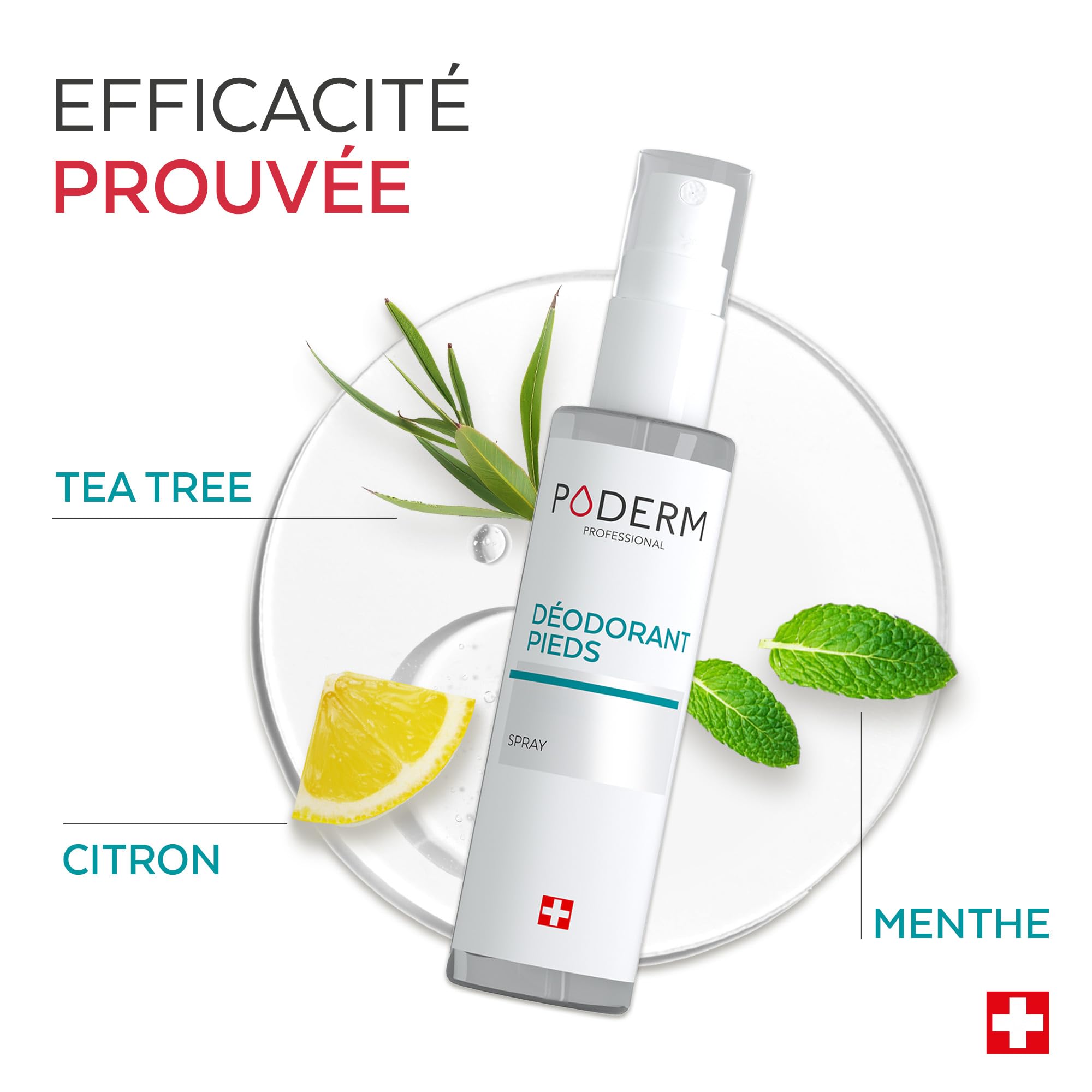 PODERM Spray Désodorisant Anti Odeur - 50 ML | Tea Tree, Menthe et Citron | Régule la Transpiration pour un Effet Frais | Soin Professionnel Pied | Facile & Rapide | Créé par une Podologue en Suisse