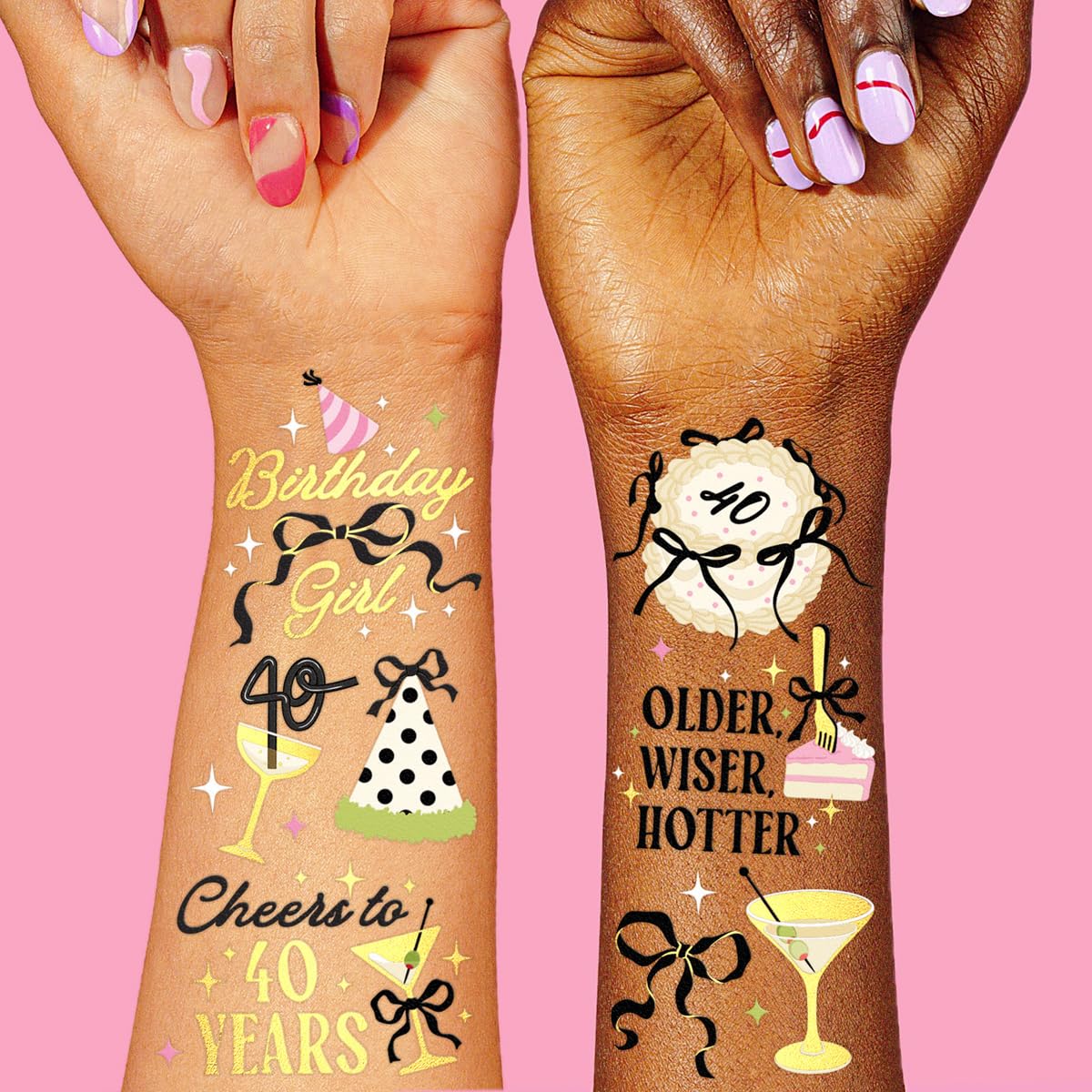 xo, Fetti 40th Birthday Temporary Tattoos - 46 designs, 2 sheets | Gold Foil, Milestone Party Favors, Forty Celebration Decor, Photo Booth Props, Glam Accessory, Adult Birthday
