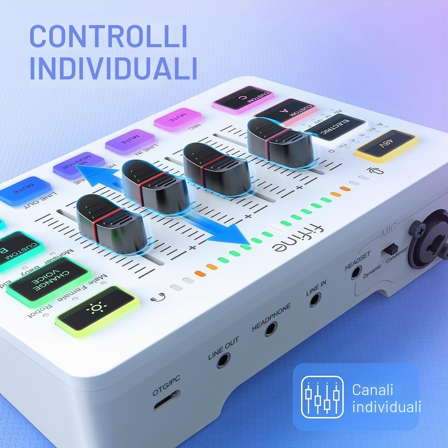 FIFINE Mixer audio da gioco, streaming RGB PC Mixer con interfaccia microfono XLR, controllo individuale, controllo del volume, tasto muto, alimentazione phantom 48 V, per podcast, registrazione,