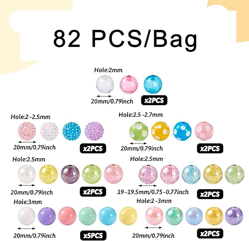 Miniatura 3 de Beadthoven - Juego de 82 cuentas de goma de mascar gruesas de 0.787 pulgadas, mezcla de color caramelo pastel, cuentas gruesas de diamantes de