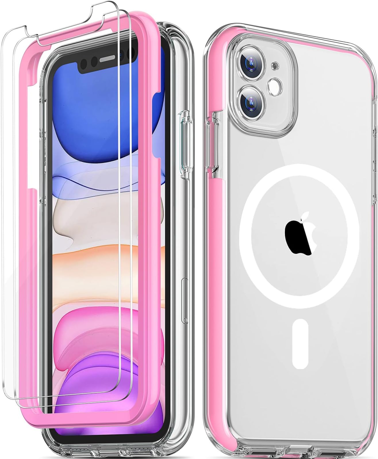 COOLQO Magnetic for iPhone 11 Phone Case with Screen Protectors, Compatible with MagSafe, Military Grade Drop Protection, Dual Layer Heavy Duty Protective Shockproof Phone Case 6.1 inch, Pink