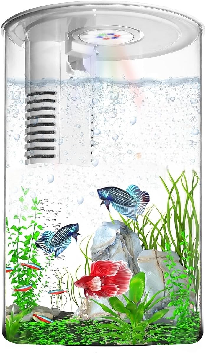 Tanque de peces de escritorio de 3 galones autolimpiante, kit de iniciación de tanque de peces de colores Nano Aquarium con luz LED y filtro, vista 360 para peces pequeños, habitación de niños y decoración del hogar (17 colores)
