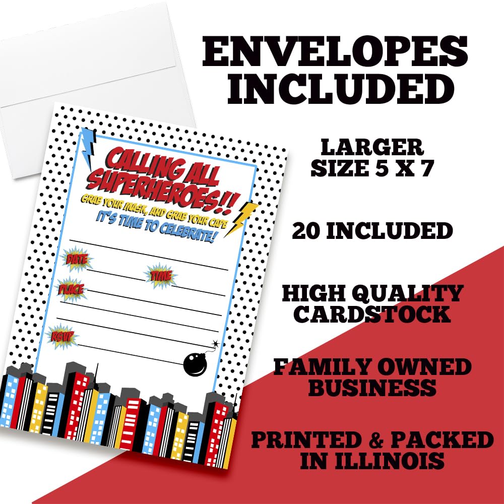Super Hero Boy Birthday Party Invitations, 20 5x7 Fill In Cards with Twenty White Envelopes by AmandaCreation