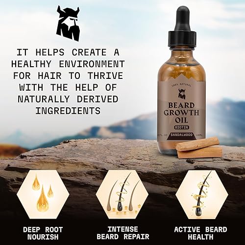 Vista 5 de Striking Viking Aceite para barba con biotina para hombres, 2 onzas líquidas, 1 paquete, sándalo, aceite espesante y acondicionador para el Sándalo