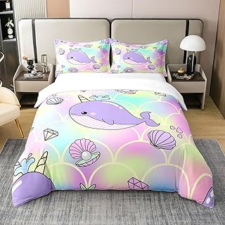 Mermaid Whale 100% Cotton Duvet Cover Twin, Kids Purple Unicorn Whale Comforter Cover, Girls Rainbow Fish Scale Quilt Cover, Cute Marine Life Bedding Set, Seashell Diomand Pattern Bedspread Cover