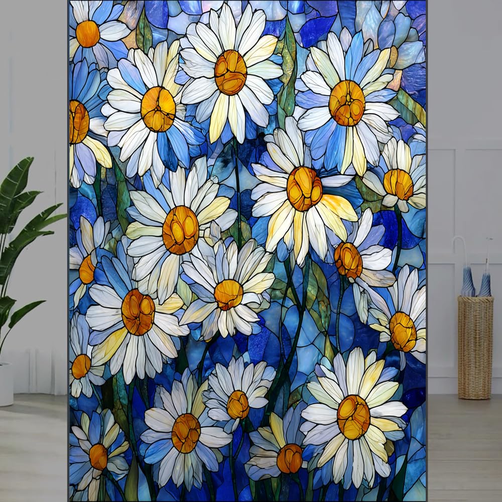FOCCAFB Daisy Field Privacy Window Film, Floral Bouquet Flower Plants Frosted Self-Adhesive Vinyl Cling for Glass Doors Bathroom Windows Sun Blocking Heat Control, （40x90cm）