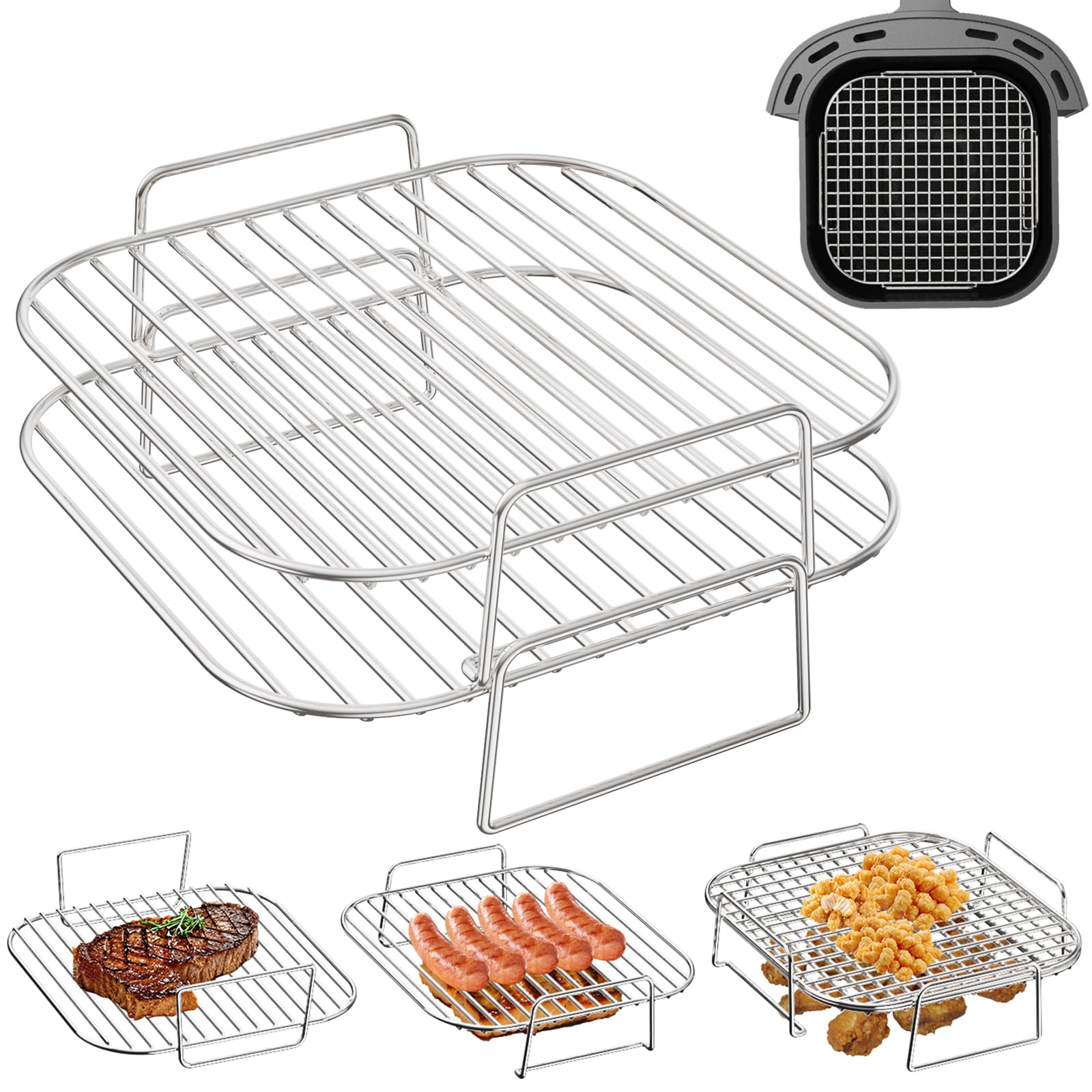 HONYAO Rejilla para Freidora de Aire, 2 piezas Apilable Acero Inoxidable Accesorios Air Fryer para Cecotec 5,5/6/6,5/8 L, Cosori 4,7/5,5/5,7/6/6,2/6,4 L, Philips 6,2, otros Cestos Cuadrados 4,7-8,3L | Apilable Rejilla Acero Inoxidable Antiadherentes Air Fryer Rack