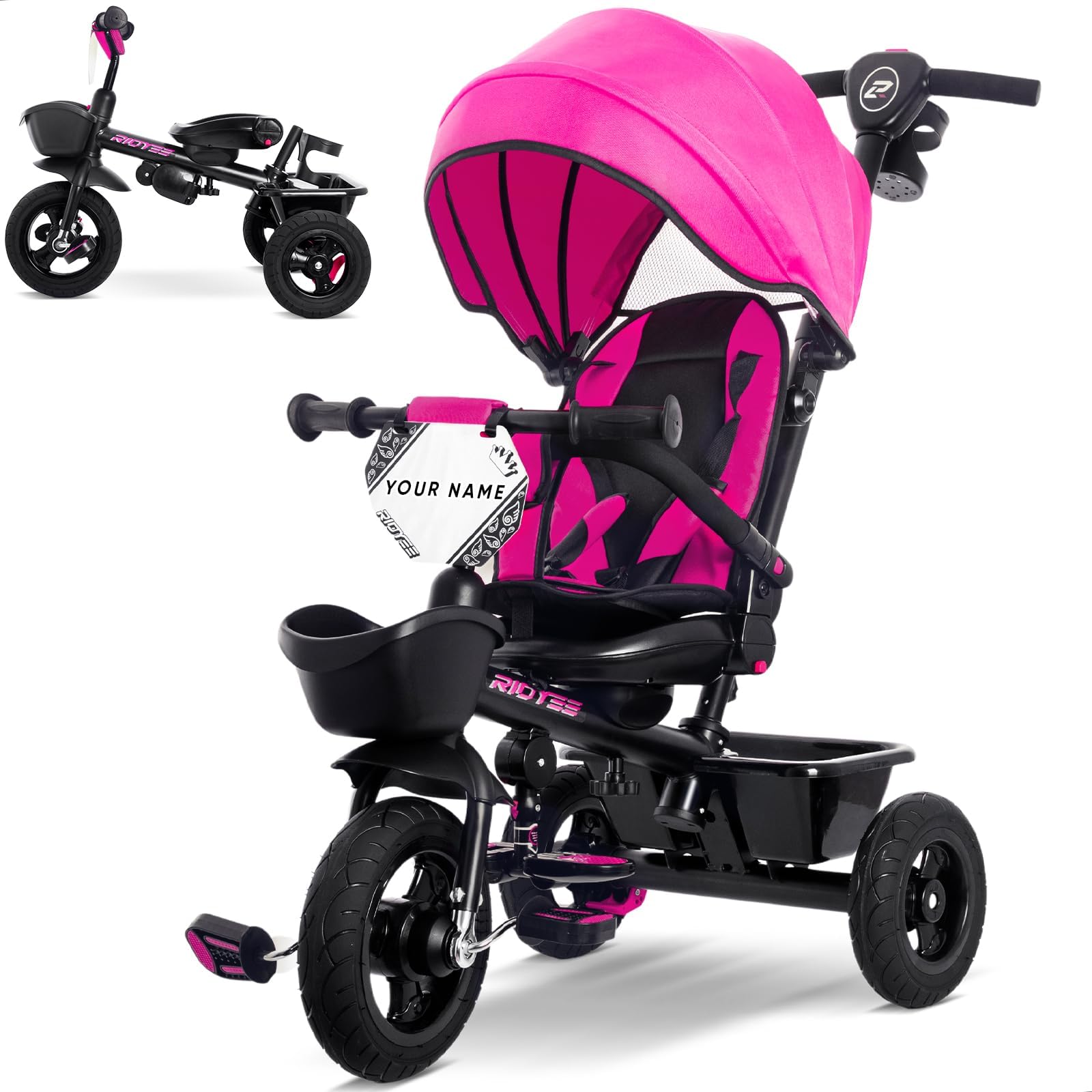 RIDYEE - Triciclo 7 en 1 para 18 meses a 5 años, neumáticos de goma todo terreno, frenos de rueda dobles, asiento giratorio para niños de 1.5 a 3, triciclo para niños de 3 a 5 años con calcomanías