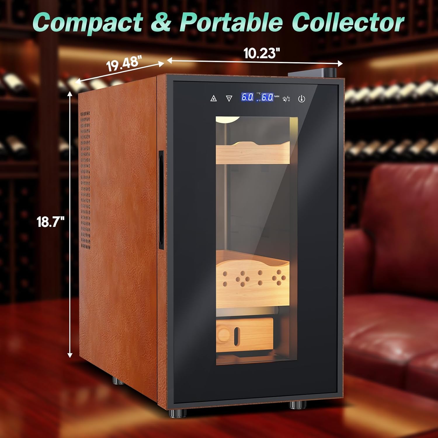 Electric Humidor with Leather-25L Cooling & Heating Humidor, Smart Touch Control Humidity & Temp Humidors wtih Spanish Cedar Wood Tray, Digital Display, Safety Lock, Desktop Gift for Men