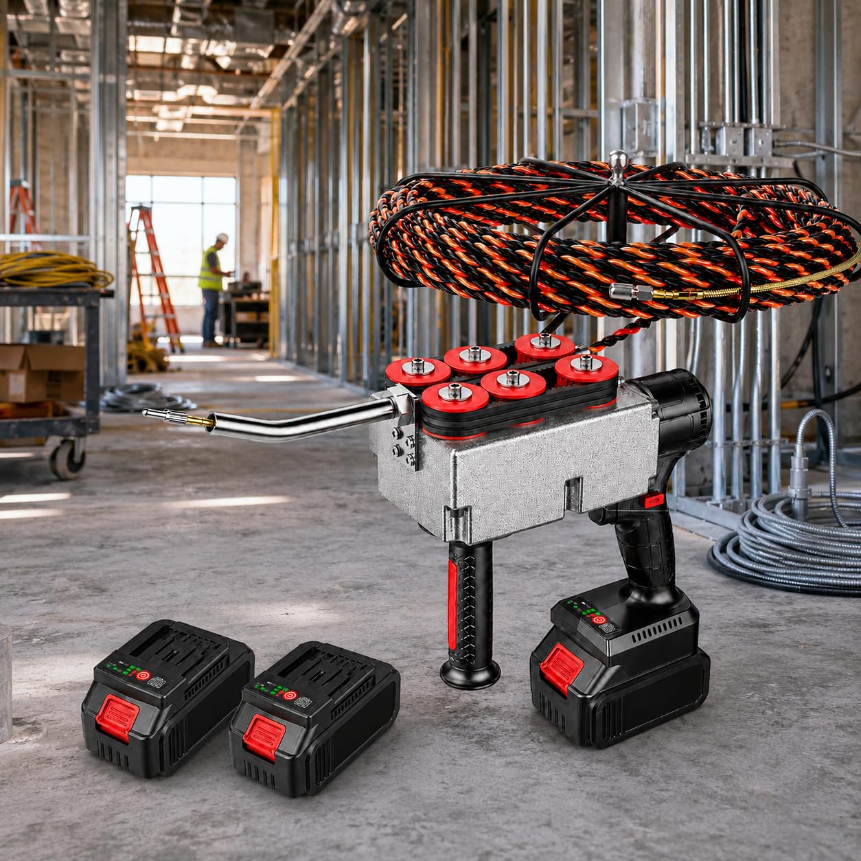 Electric Fish Tape Threading Tool, Cordless Cable Puller With Stepless Speed Regulation, Automatic Threading Speed Of 40 Meters/Minute, Used For Communication Cable Installation dualbattery