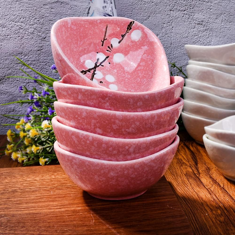 5-Pack Japanese-Style Triangular Ceramic Sauce Bowls - Pink Soy Sauce Dishes for Sushi, Dipping, Desserts, Elegant Hand-Painted Small Bowls