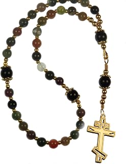 Handmade Eastern Orthodox Rosary Greek Chotki Komboskini Fancy Jasper Gold Tone Stainless Steel Cross Gift