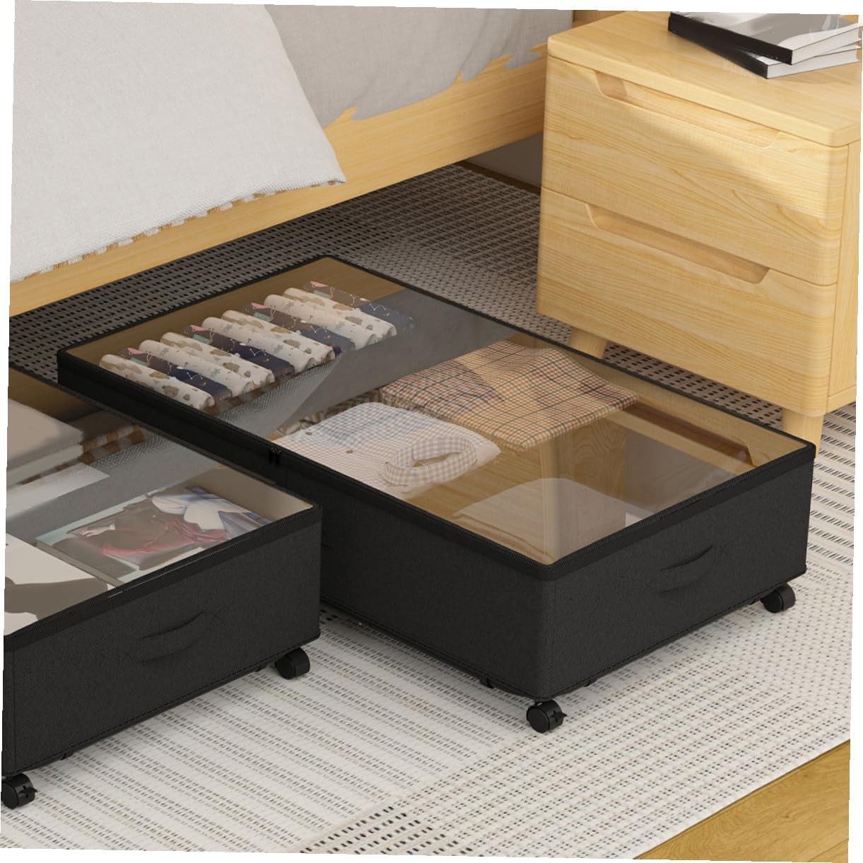 Bed Storage Bin with Wheels Large Capacity Oxford Cloth 3-grid Organizer Dustproof Clothes and Storage Container for Bedroom