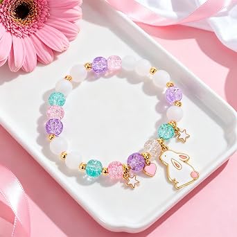 Teen Girl Gifts Trendy Stuff, Birthday Gift Basket Cute Pink Stuff for Her Women - Glass Cup, Bunny Socks, Makeup Bag & Bracelet Birthday & Self-Care Present